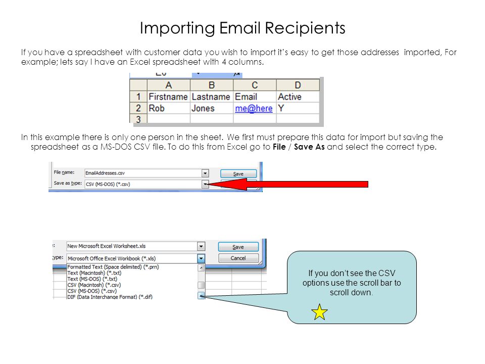 Importing  Recipients If you have a spreadsheet with customer data you wish to import it’s easy to get those addresses imported, For example; lets say I have an Excel spreadsheet with 4 columns.