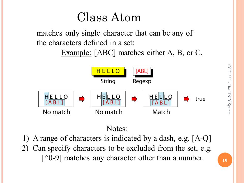 CSCI The UNIX System 10 Class Atom matches only single character that can be any of the characters defined in a set: Example: [ABC] matches either A, B, or C.