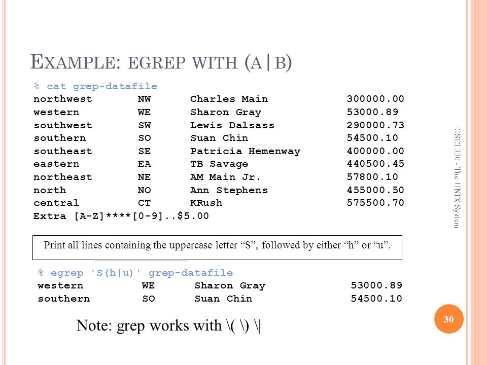 E XAMPLE : EGREP WITH ( A | B ) 30 CSCI The UNIX System % egrep S(h|u) grep-datafile western WE Sharon Gray southern SO Suan Chin Print all lines containing the uppercase letter S , followed by either h or u .