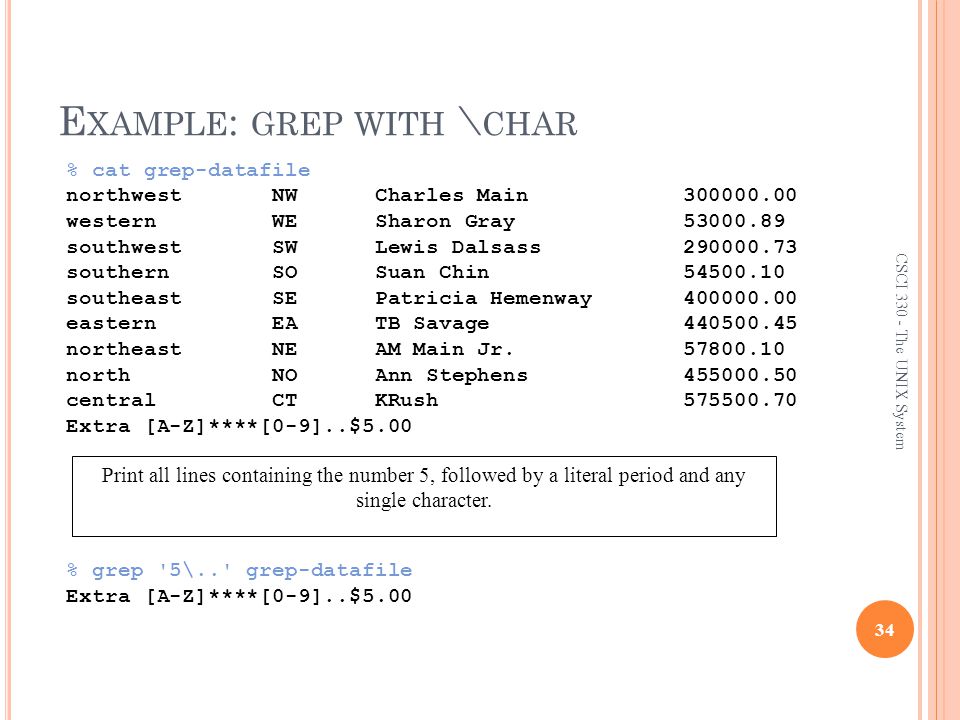 E XAMPLE : GREP WITH \ CHAR 34 CSCI The UNIX System % grep 5\.. grep-datafile Extra [A-Z]****[0-9]..$5.00 Print all lines containing the number 5, followed by a literal period and any single character.