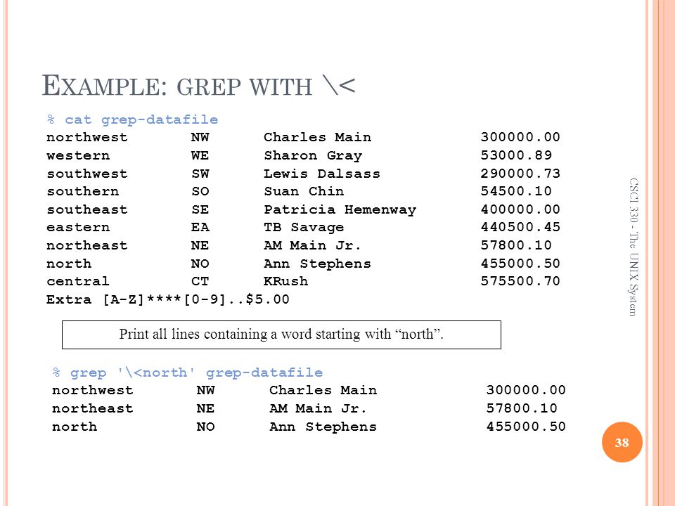 E XAMPLE : GREP WITH \< 38 CSCI The UNIX System % grep \<north grep-datafile northwest NW Charles Main northeast NE AM Main Jr.