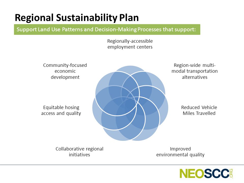 Regional Sustainability Plan Support Land Use Patterns and Decision-Making Processes that support: Regionally-accessible employment centers Region-wide multi- modal transportation alternatives Reduced Vehicle Miles Travelled Improved environmental quality Collaborative regional initiatives Equitable hosing access and quality Community-focused economic development