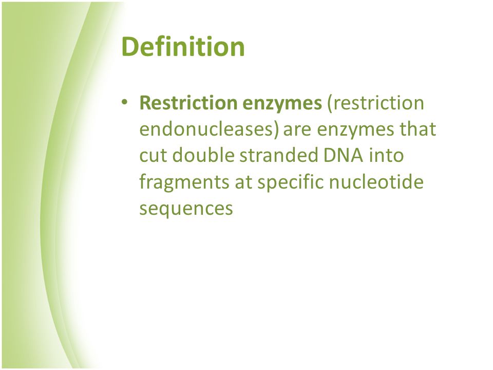 Definition Restriction enzymes (restriction endonucleases) are enzymes that cut double stranded DNA into fragments at specific nucleotide sequences