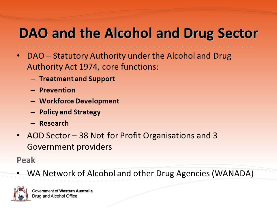 DAO and the Alcohol and Drug Sector DAO – Statutory Authority under the Alcohol and Drug Authority Act 1974, core functions: – Treatment and Support – Prevention – Workforce Development – Policy and Strategy – Research AOD Sector – 38 Not-for Profit Organisations and 3 Government providers Peak WA Network of Alcohol and other Drug Agencies (WANADA)