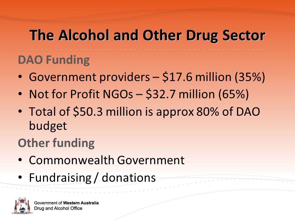 The Alcohol and Other Drug Sector DAO Funding Government providers – $17.6 million (35%) Not for Profit NGOs – $32.7 million (65%) Total of $50.3 million is approx 80% of DAO budget Other funding Commonwealth Government Fundraising / donations