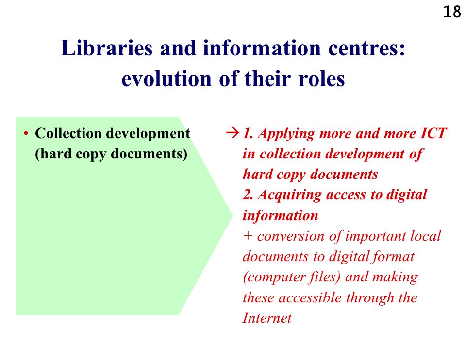 18 Libraries and information centres: evolution of their roles Collection development (hard copy documents)  1.
