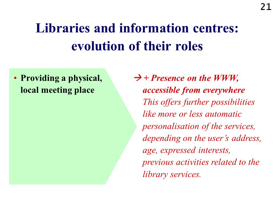 21 Libraries and information centres: evolution of their roles Providing a physical, local meeting place  + Presence on the WWW, accessible from everywhere This offers further possibilities like more or less automatic personalisation of the services, depending on the user’s address, age, expressed interests, previous activities related to the library services.
