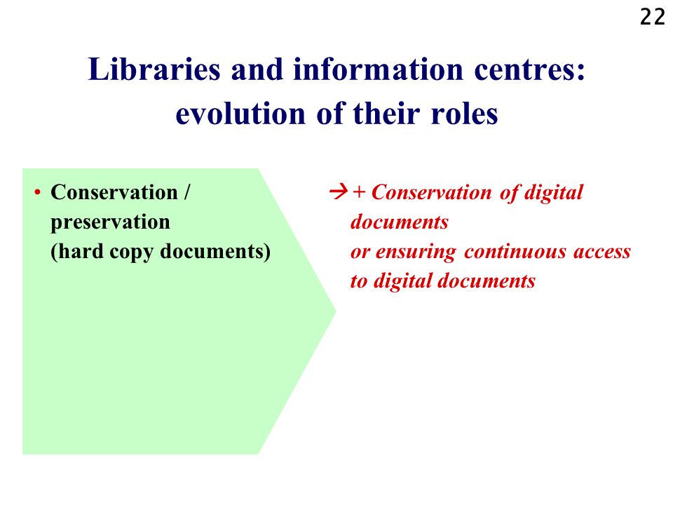 22 Libraries and information centres: evolution of their roles Conservation / preservation (hard copy documents)  + Conservation of digital documents or ensuring continuous access to digital documents