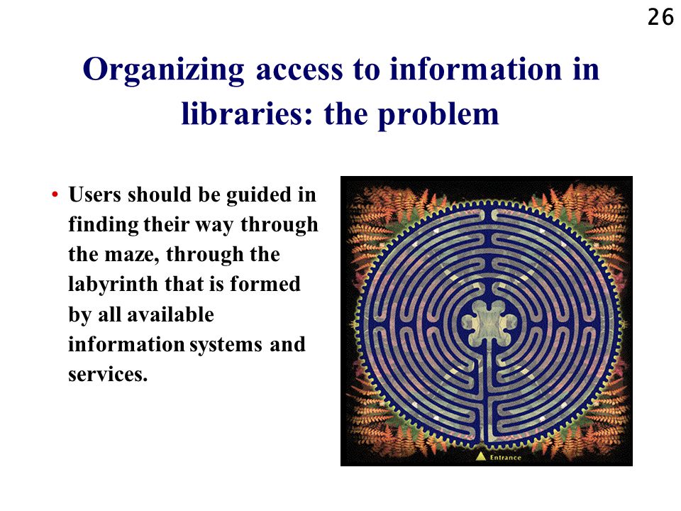 26 Organizing access to information in libraries: the problem Users should be guided in finding their way through the maze, through the labyrinth that is formed by all available information systems and services.