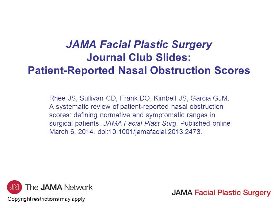 Copyright restrictions may apply JAMA Facial Plastic Surgery Journal Club Slides: Patient-Reported Nasal Obstruction Scores Rhee JS, Sullivan CD, Frank DO, Kimbell JS, Garcia GJM.