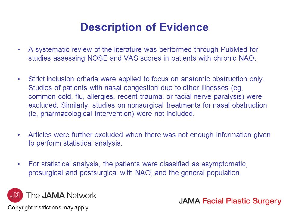 Copyright restrictions may apply Description of Evidence A systematic review of the literature was performed through PubMed for studies assessing NOSE and VAS scores in patients with chronic NAO.