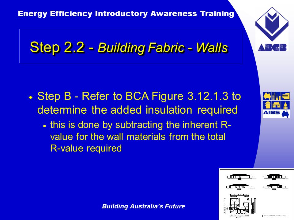 Building Australia’s Future Energy Efficiency Introductory Awareness Training AUSTRALIAN Greenhouse Office  Step B ‑ Refer to BCA Figure to determine the added insulation required  this is done by subtracting the inherent R- value for the wall materials from the total R-value required Step Building Fabric - Walls