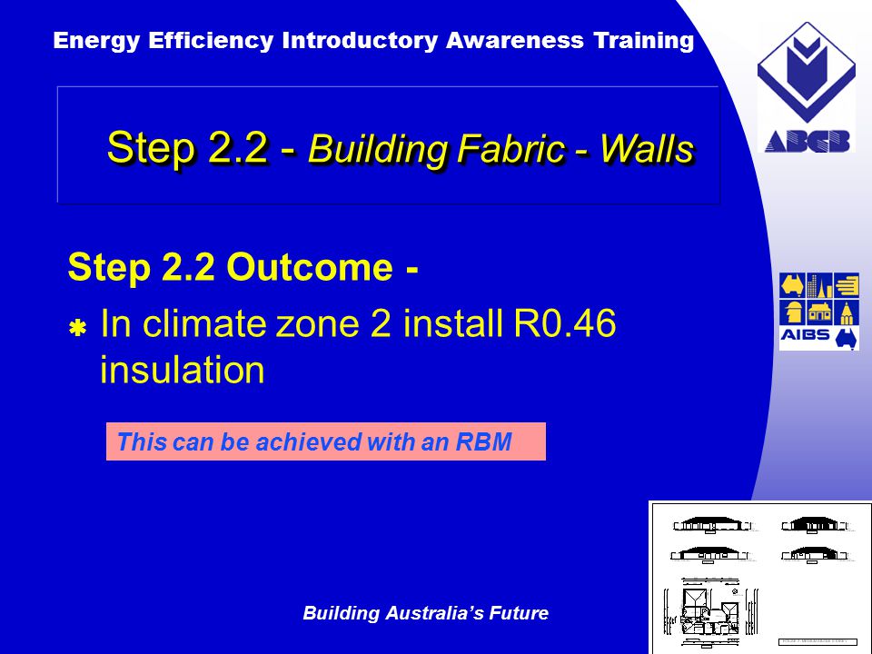 Building Australia’s Future Energy Efficiency Introductory Awareness Training AUSTRALIAN Greenhouse Office Step Building Fabric - Walls Step 2.2 Outcome -  In climate zone 2 install R0.46 insulation This can be achieved with an RBM