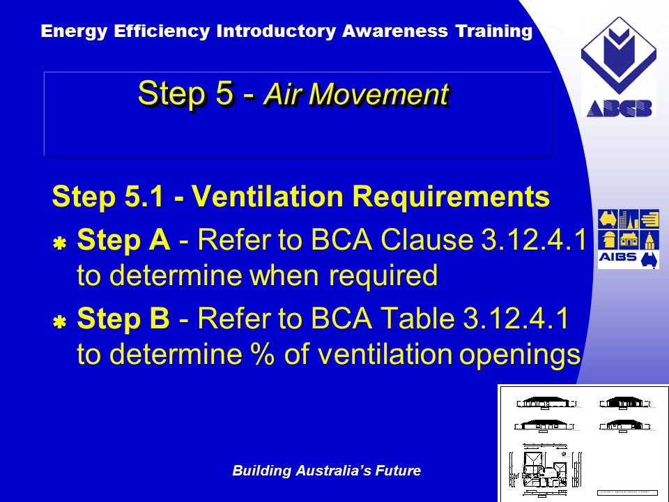 Building Australia’s Future Energy Efficiency Introductory Awareness Training AUSTRALIAN Greenhouse Office Step 5 - Air Movement Step Ventilation Requirements  Step A - Refer to BCA Clause to determine when required  Step B - Refer to BCA Table to determine % of ventilation openings