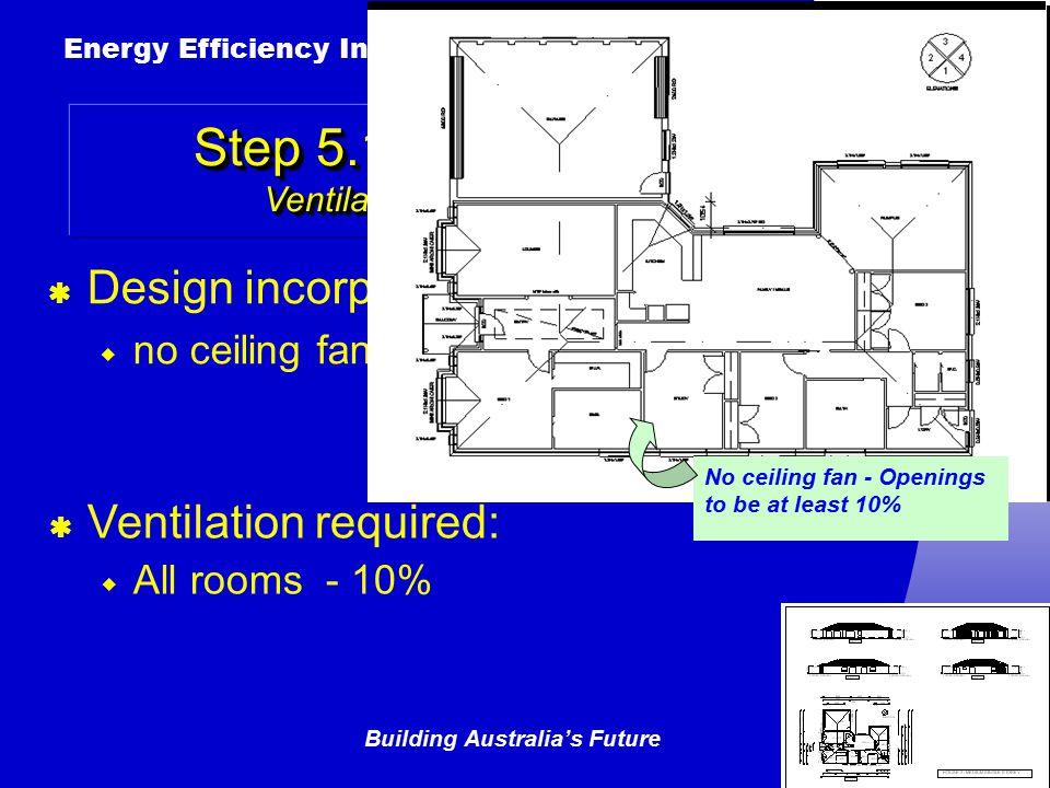 Building Australia’s Future Energy Efficiency Introductory Awareness Training AUSTRALIAN Greenhouse Office  Ventilation required:  All rooms - 10%  Design incorporates:  no ceiling fans Step Air Movement Ventilation Requirements No ceiling fan - Openings to be at least 10%