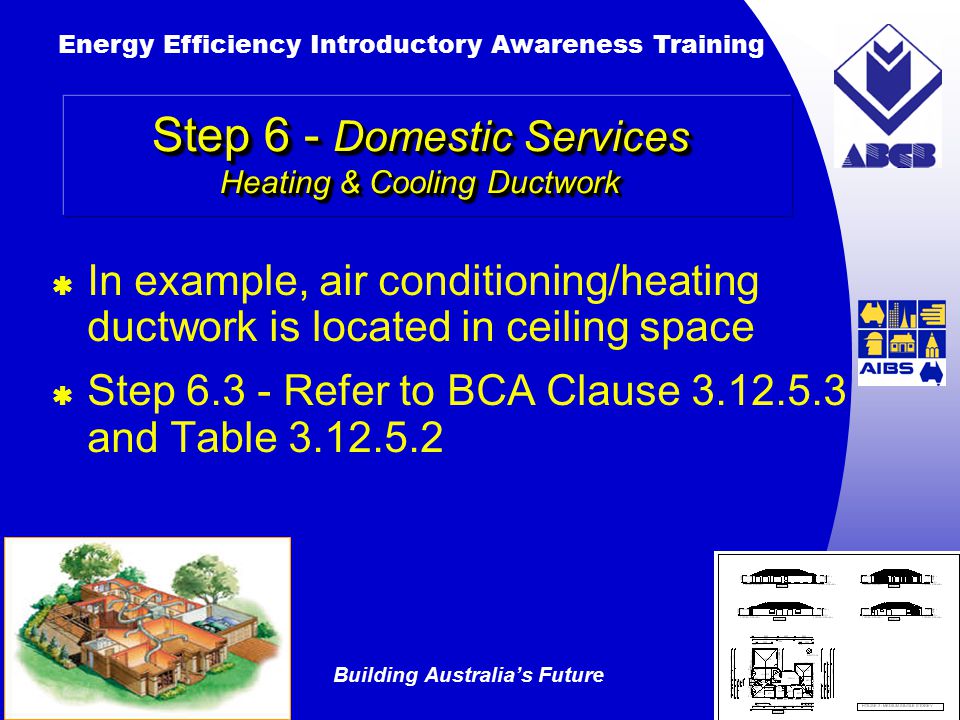 Building Australia’s Future Energy Efficiency Introductory Awareness Training AUSTRALIAN Greenhouse Office  In example, air conditioning/heating ductwork is located in ceiling space  Step Refer to BCA Clause and Table Step 6 - Domestic Services Heating & Cooling Ductwork