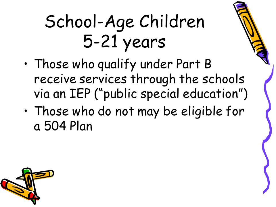 School-Age Children 5-21 years Those who qualify under Part B receive services through the schools via an IEP ( public special education ) Those who do not may be eligible for a 504 Plan