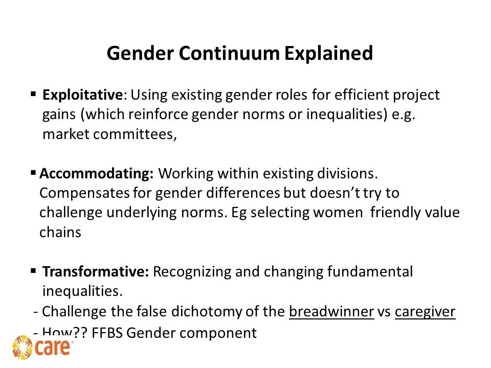 Gender Continuum Explained  Exploitative: Using existing gender roles for efficient project gains (which reinforce gender norms or inequalities) e.g.