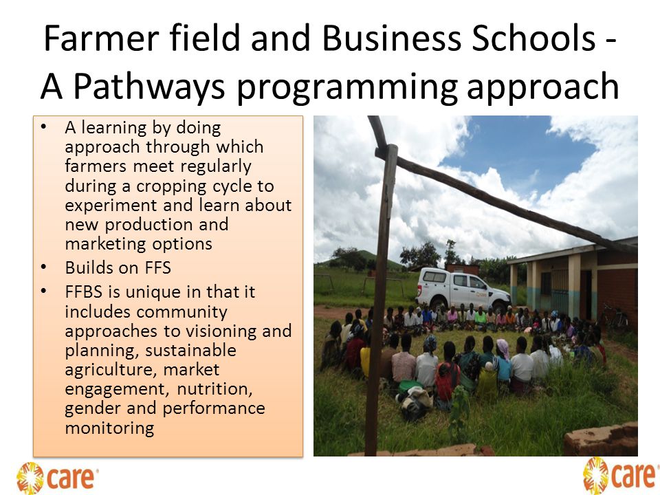 Farmer field and Business Schools - A Pathways programming approach A learning by doing approach through which farmers meet regularly during a cropping cycle to experiment and learn about new production and marketing options Builds on FFS FFBS is unique in that it includes community approaches to visioning and planning, sustainable agriculture, market engagement, nutrition, gender and performance monitoring A learning by doing approach through which farmers meet regularly during a cropping cycle to experiment and learn about new production and marketing options Builds on FFS FFBS is unique in that it includes community approaches to visioning and planning, sustainable agriculture, market engagement, nutrition, gender and performance monitoring
