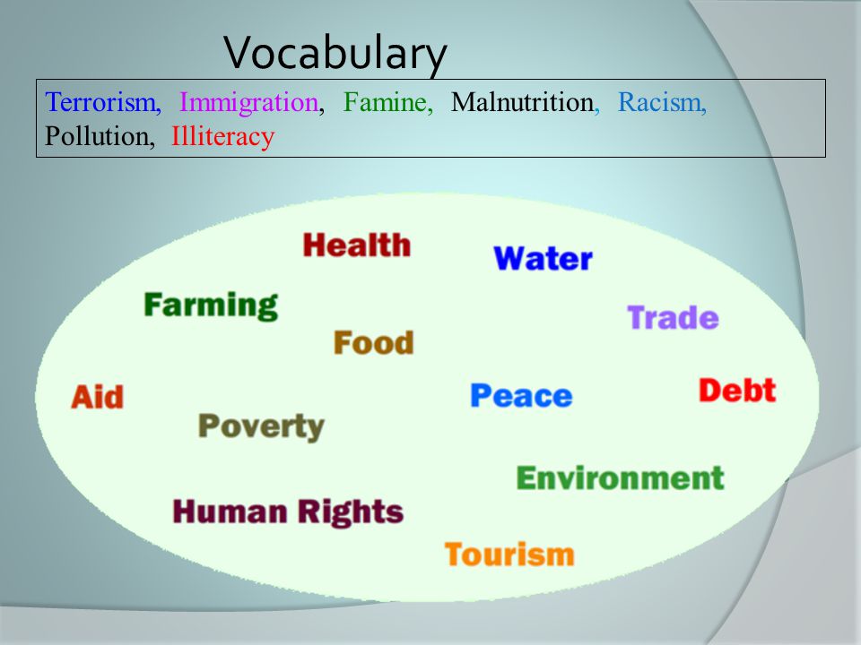 Vocabulary Terrorism, Immigration, Famine, Malnutrition, Racism, Pollution, Illiteracy