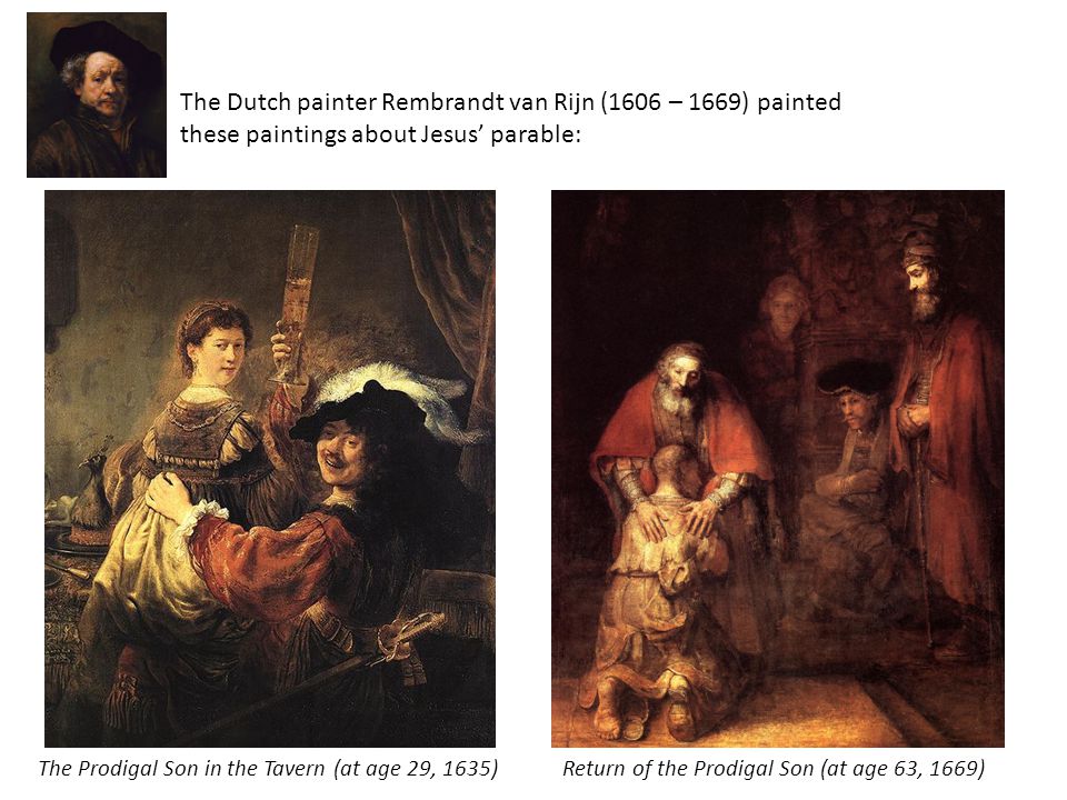 Return of the Prodigal Son (at age 63, 1669) The Dutch painter Rembrandt van Rijn (1606 – 1669) painted these paintings about Jesus’ parable: The Prodigal Son in the Tavern (at age 29, 1635)