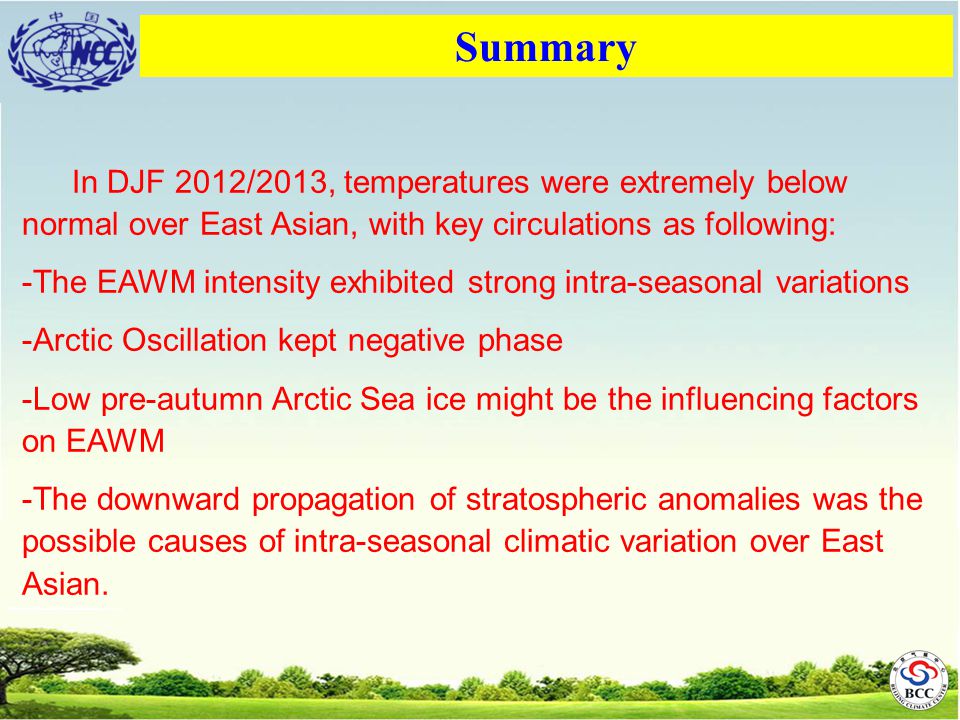 Summary In DJF 2012/2013, temperatures were extremely below normal over East Asian, with key circulations as following: -The EAWM intensity exhibited strong intra-seasonal variations -Arctic Oscillation kept negative phase -Low pre-autumn Arctic Sea ice might be the influencing factors on EAWM -The downward propagation of stratospheric anomalies was the possible causes of intra-seasonal climatic variation over East Asian.