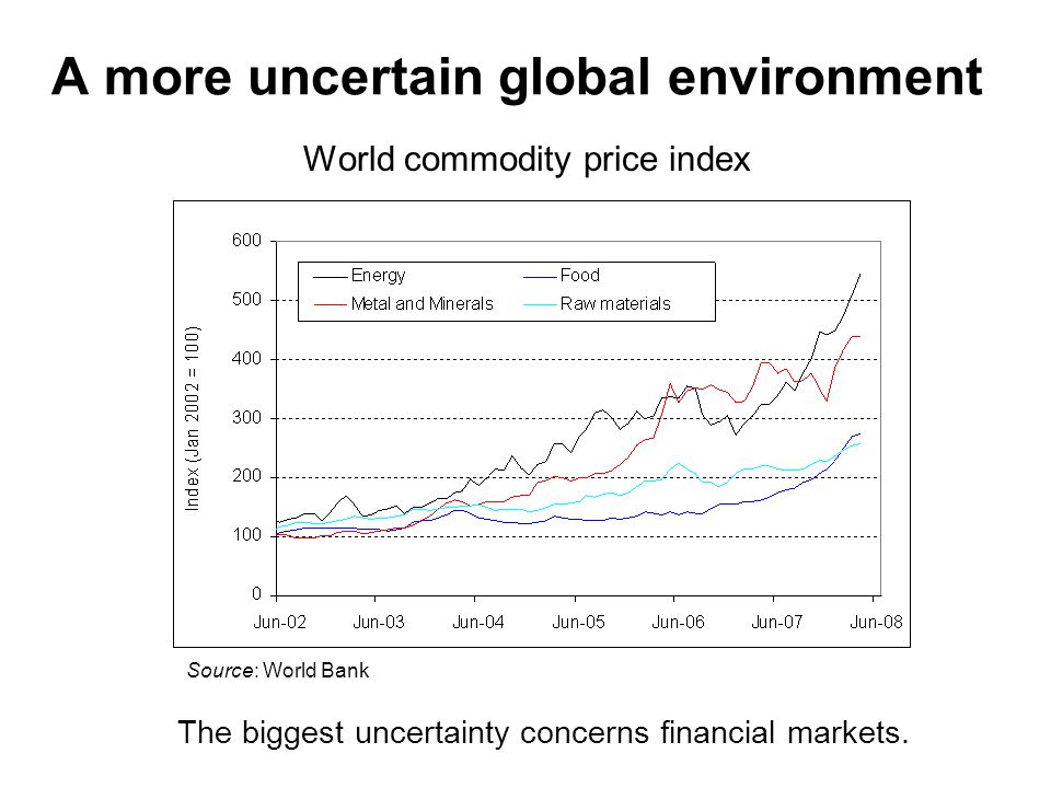 A more uncertain global environment World commodity price index Source: World Bank The biggest uncertainty concerns financial markets.