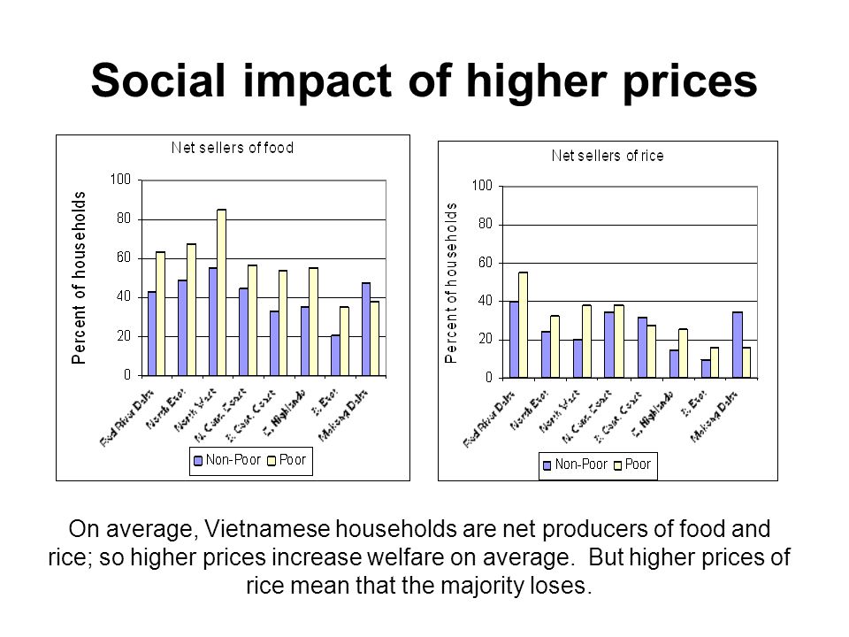 Social impact of higher prices On average, Vietnamese households are net producers of food and rice; so higher prices increase welfare on average.