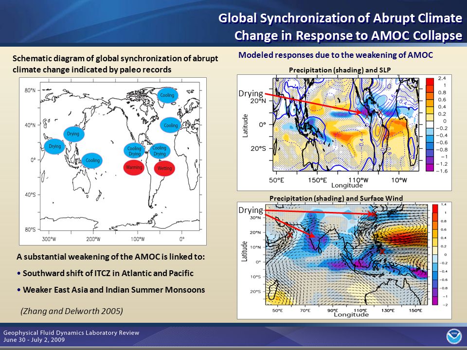 4 Global Synchronization of Abrupt Climate Change in Response to AMOC Collapse A substantial weakening of the AMOC is linked to: Southward shift of ITCZ in Atlantic and Pacific Weaker East Asia and Indian Summer Monsoons Schematic diagram of global synchronization of abrupt climate change indicated by paleo records (Zhang and Delworth 2005) Modeled responses due to the weakening of AMOC Precipitation (shading) and SLP Drying Precipitation (shading) and Surface Wind Drying