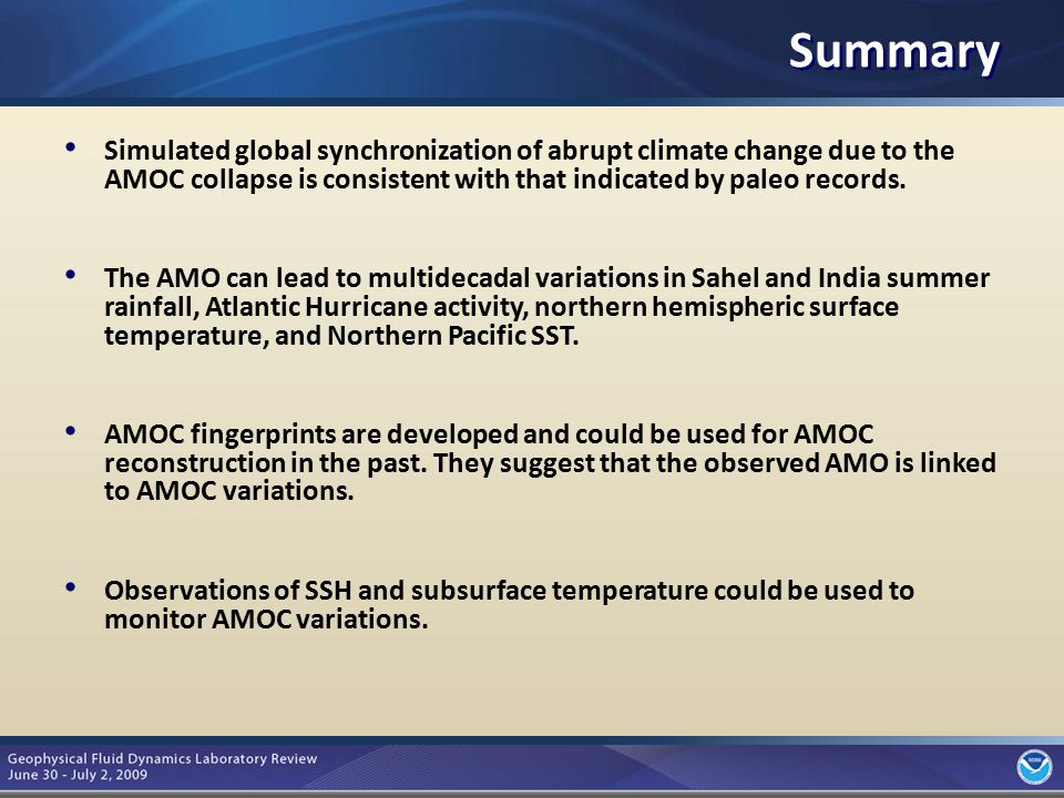8 Summary Simulated global synchronization of abrupt climate change due to the AMOC collapse is consistent with that indicated by paleo records.