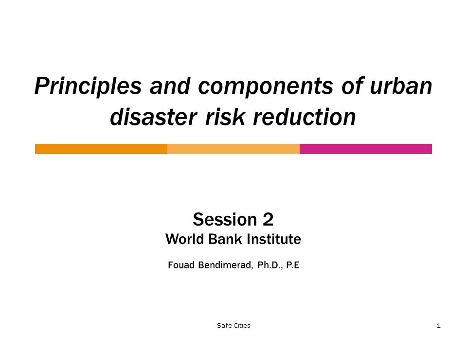 Safe Cities 1 Principles and components of urban disaster risk reduction Session 2 World Bank Institute Fouad Bendimerad, Ph.D., P.E