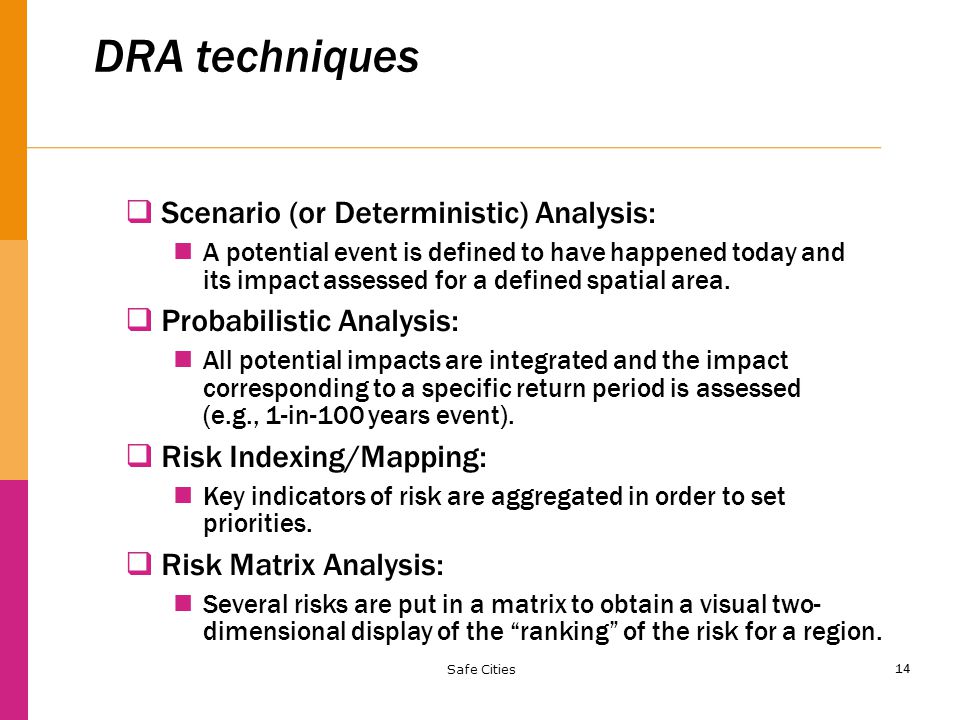 14 DRA techniques  Scenario (or Deterministic) Analysis: A potential event is defined to have happened today and its impact assessed for a defined spatial area.