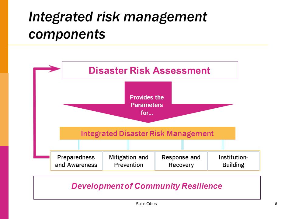 8 Integrated risk management components Disaster Risk Assessment Provides the Parameters for… Development of Community Resilience Integrated Disaster Risk Management Preparedness and Awareness Mitigation and Prevention Response and Recovery Institution- Building Safe Cities