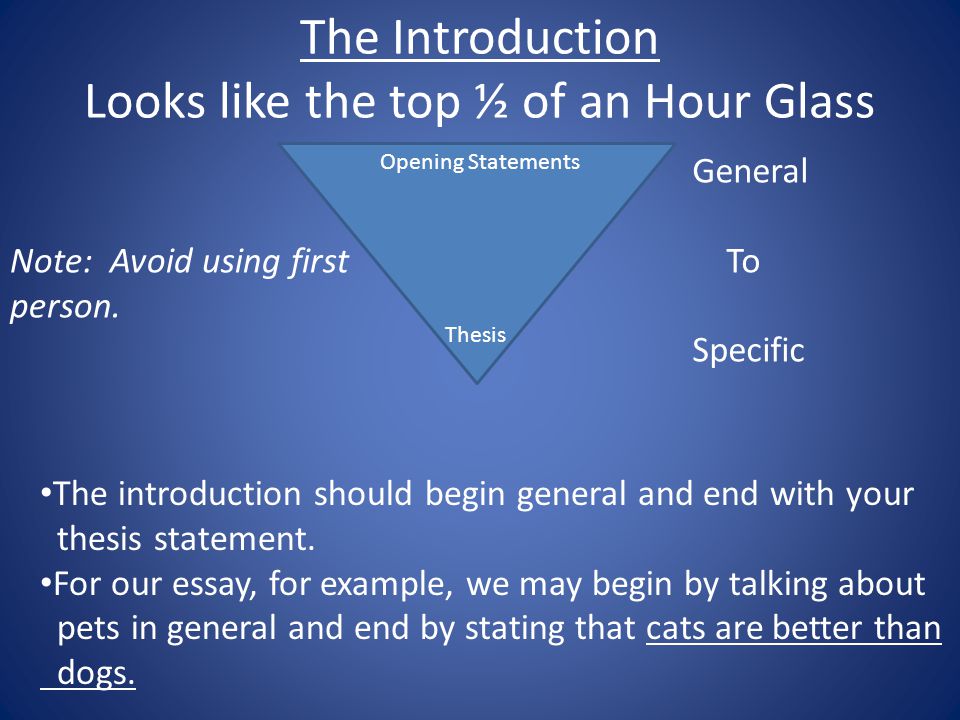 The Introduction Looks like the top ½ of an Hour Glass Opening Statements Thesis Note: Avoid using first person.