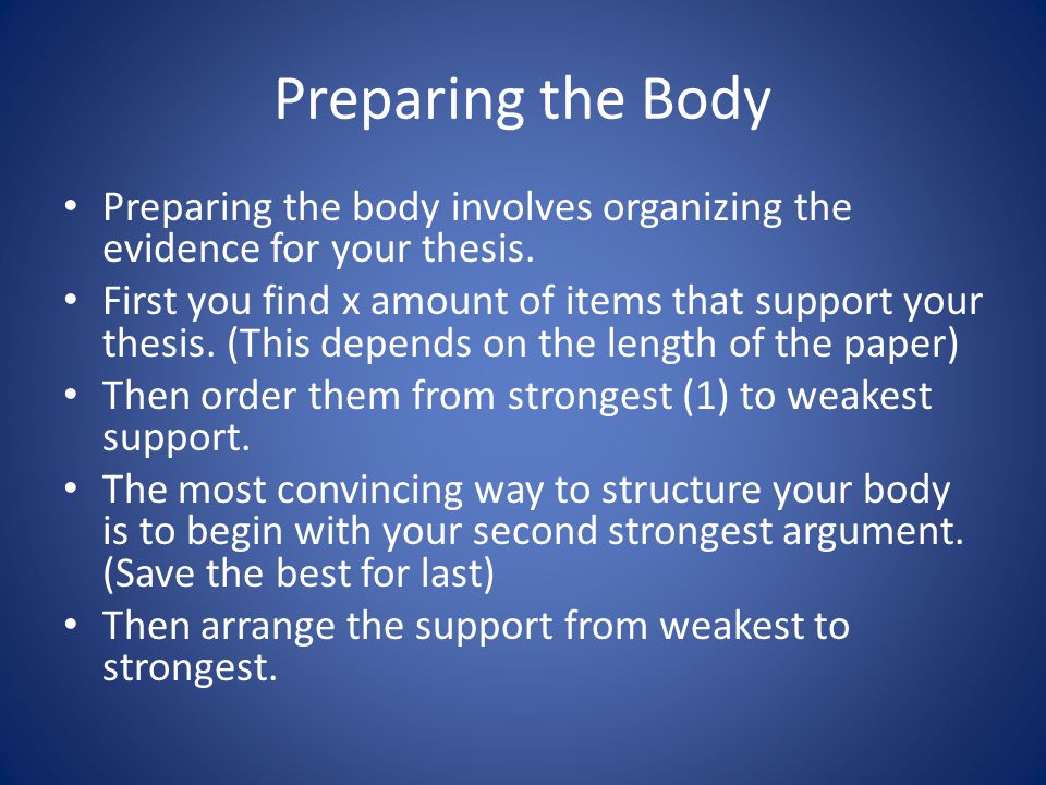 Preparing the Body Preparing the body involves organizing the evidence for your thesis.