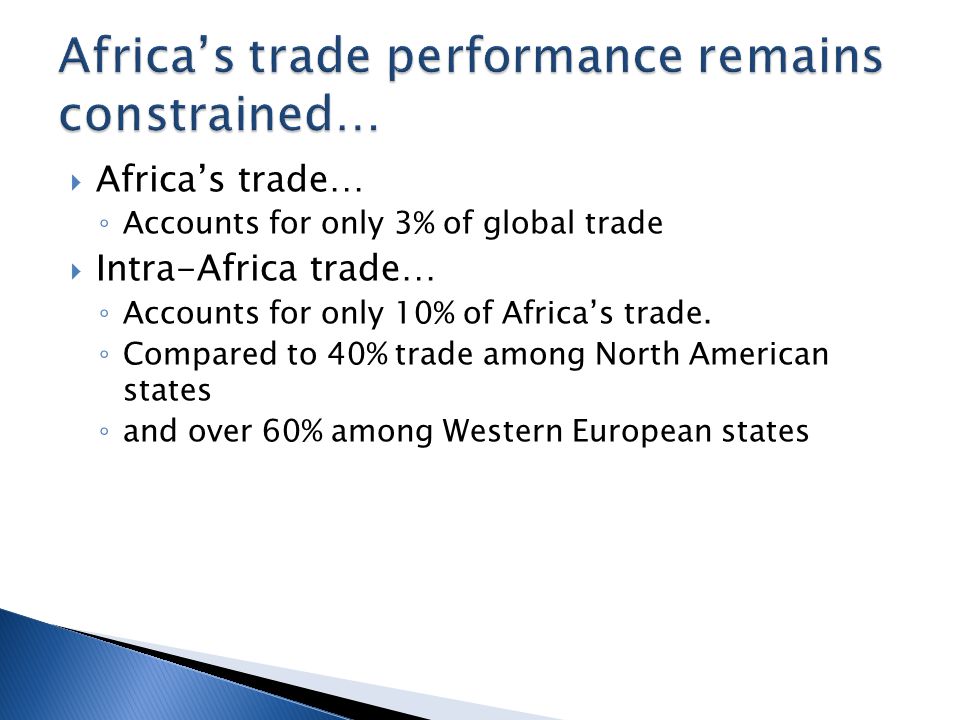  Africa’s trade… ◦ Accounts for only 3% of global trade  Intra-Africa trade… ◦ Accounts for only 10% of Africa’s trade.