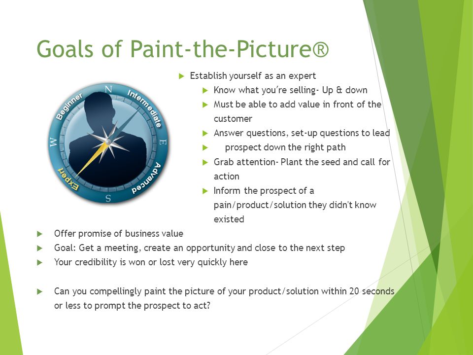 Goals of Paint-the-Picture®  Establish yourself as an expert  Know what you’re selling- Up & down  Must be able to add value in front of the customer  Answer questions, set-up questions to lead  prospect down the right path  Grab attention- Plant the seed and call for action  Inform the prospect of a pain/product/solution they didn t know existed  Offer promise of business value  Goal: Get a meeting, create an opportunity and close to the next step  Your credibility is won or lost very quickly here  Can you compellingly paint the picture of your product/solution within 20 seconds or less to prompt the prospect to act