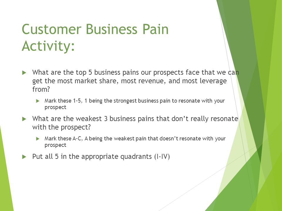 Customer Business Pain Activity:  What are the top 5 business pains our prospects face that we can get the most market share, most revenue, and most leverage from.