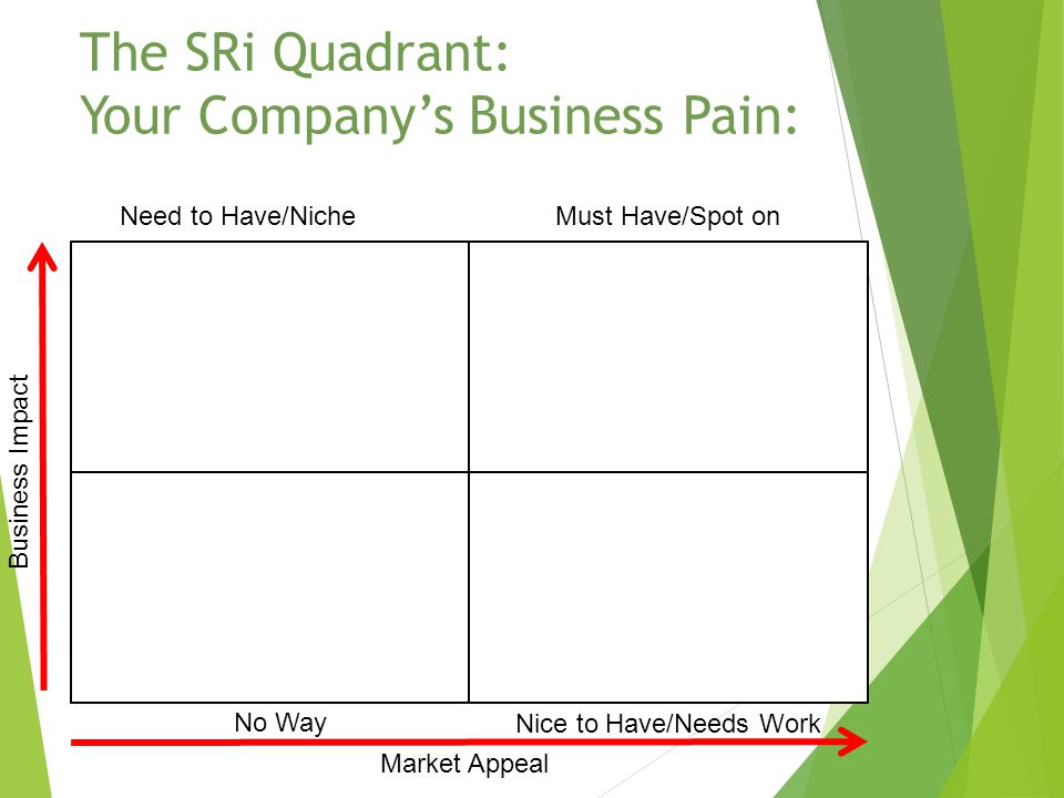 The SRi Quadrant: Your Company’s Business Pain: Need to Have/Niche Business Impact Must Have/Spot on No Way Nice to Have/Needs Work Market Appeal