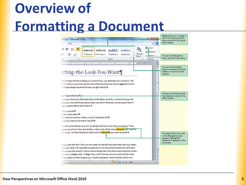 XP Overview of Formatting a Document New Perspectives on Microsoft Office Word 20105