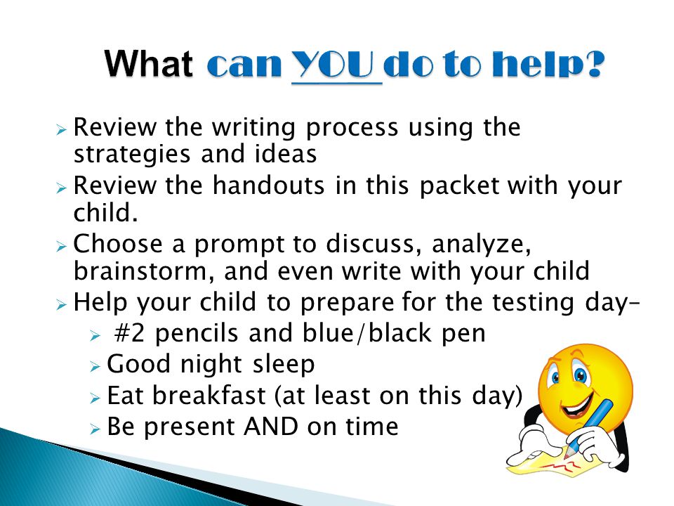  Review the writing process using the strategies and ideas  Review the handouts in this packet with your child.