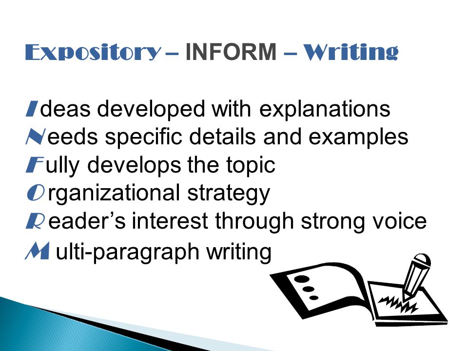 Expository – INFORM – Writing I deas developed with explanations N eeds specific details and examples F ully develops the topic O rganizational strategy R eader’s interest through strong voice M ulti-paragraph writing