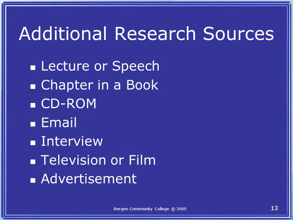 Bergen Community College © Additional Research Sources Lecture or Speech Chapter in a Book CD-ROM  Interview Television or Film Advertisement