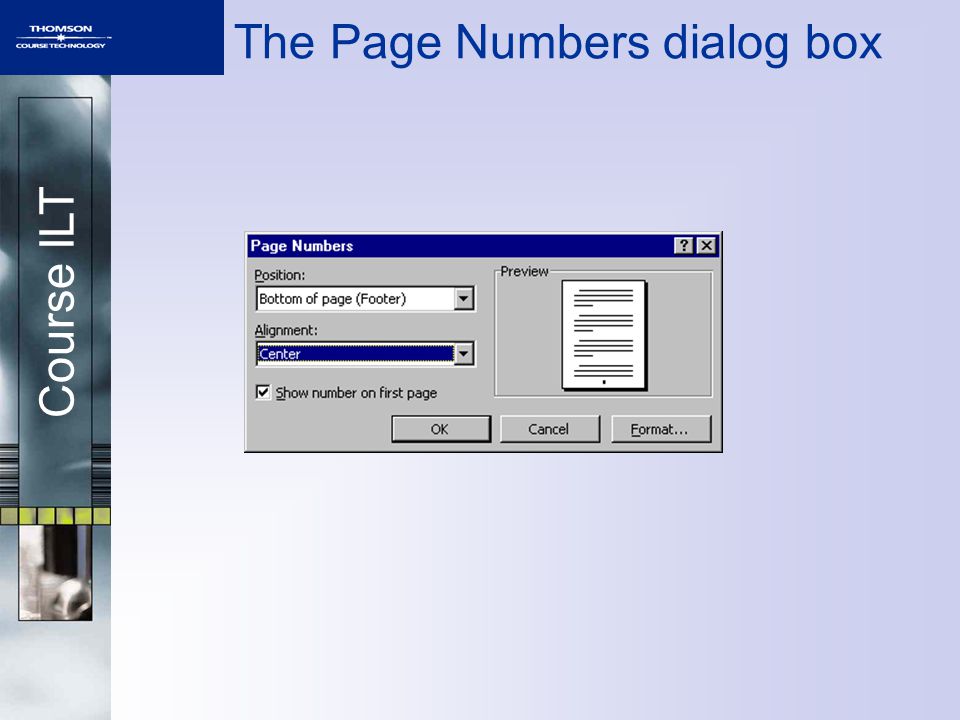Course ILT The Page Numbers dialog box