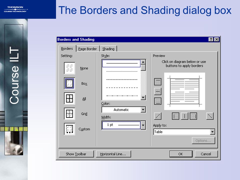 Course ILT The Borders and Shading dialog box