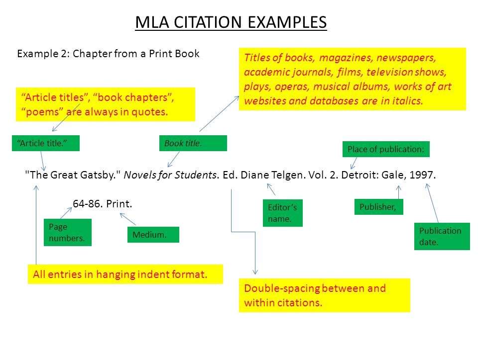 MLA CITATION EXAMPLES The Great Gatsby. Novels for Students.