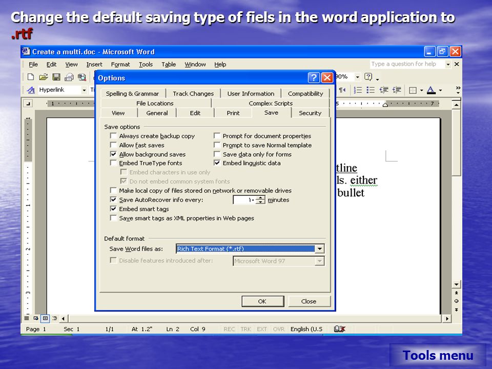 Change the default saving type of fiels in the word application to.rtf Tools menu