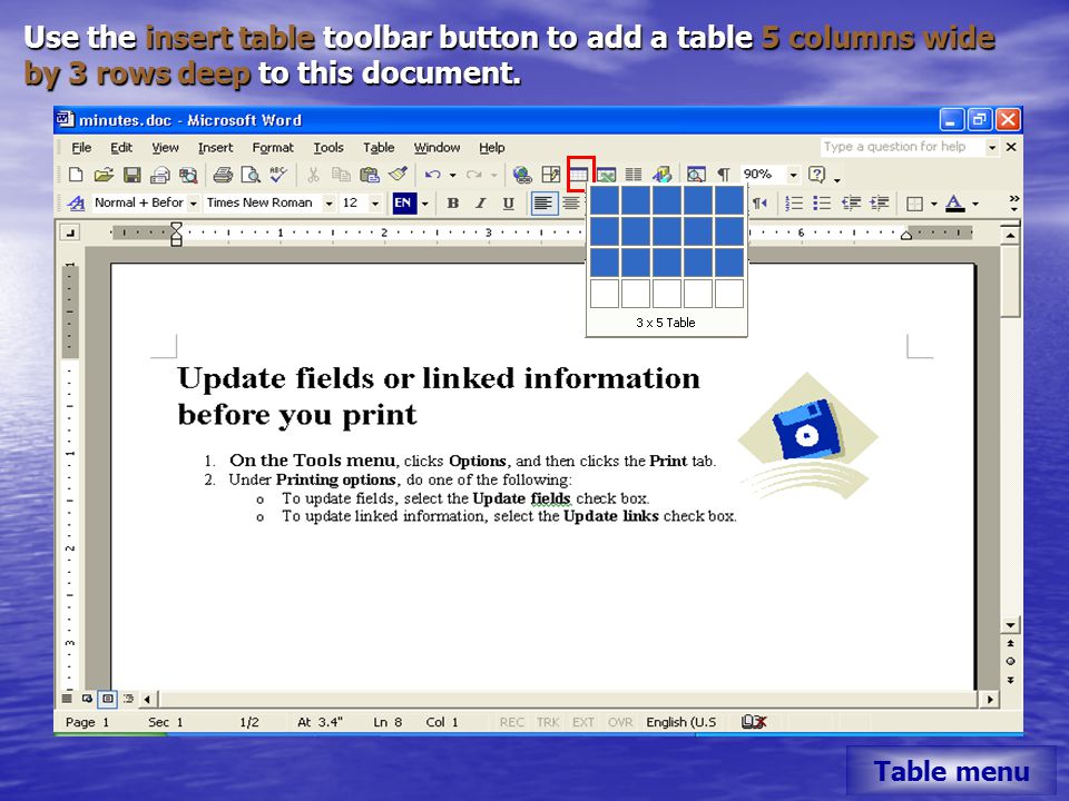 Use the insert table toolbar button to add a table 5 columns wide by 3 rows deep to this document.