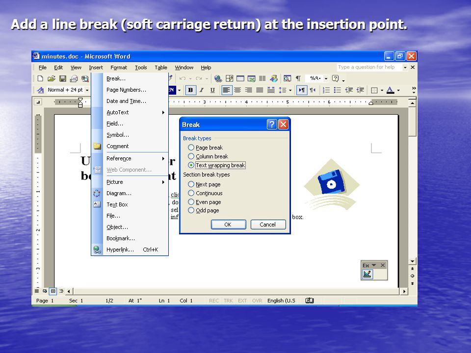 Add a line break (soft carriage return) at the insertion point.