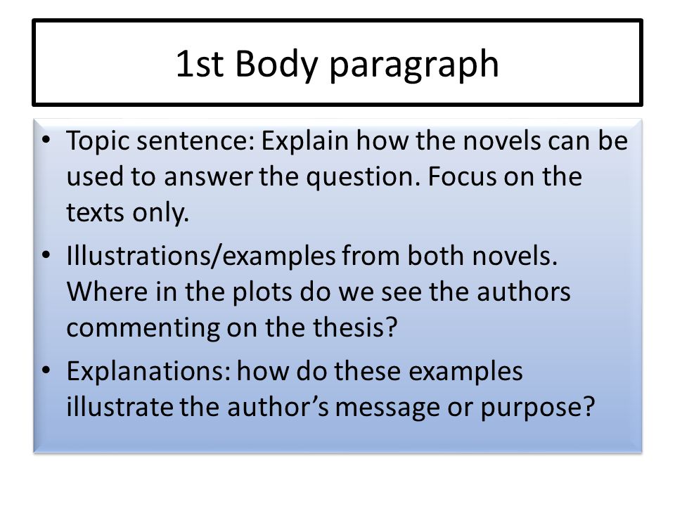 1st Body paragraph Topic sentence: Explain how the novels can be used to answer the question.